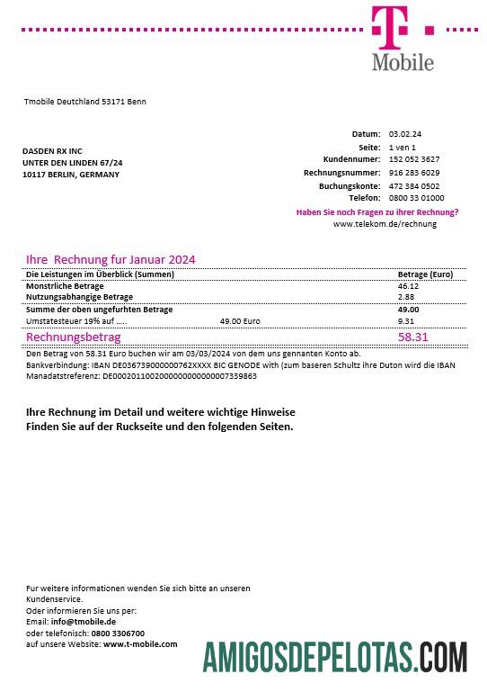 imprimível Modelo de fatura de serviços públicos móveis T da Alemanha em formatos Word e PDF